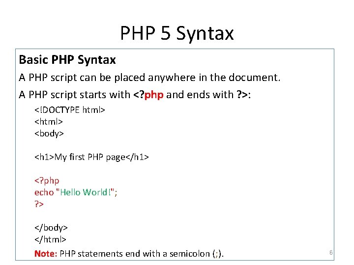 PHP 5 Syntax Basic PHP Syntax A PHP script can be placed anywhere in PHP 5 Syntax Basic PHP Syntax A PHP script can be placed anywhere in