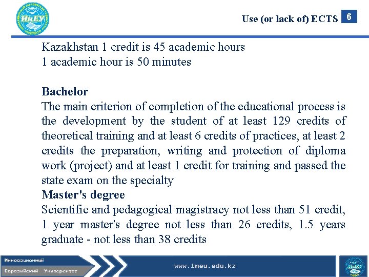 Use (or lack of) ECTS 6 Kazakhstan 1 credit is 45 academic hours 1 Use (or lack of) ECTS 6 Kazakhstan 1 credit is 45 academic hours 1
