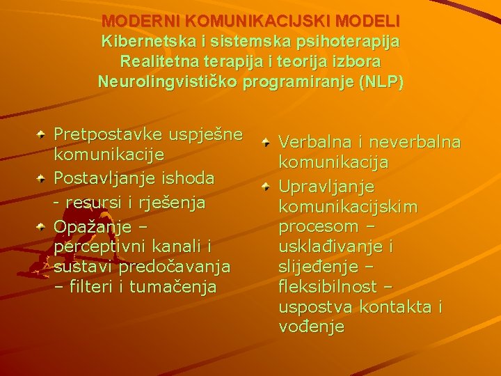 MODERNI KOMUNIKACIJSKI MODELI Kibernetska i sistemska psihoterapija Realitetna terapija i teorija izbora Neurolingvističko programiranje