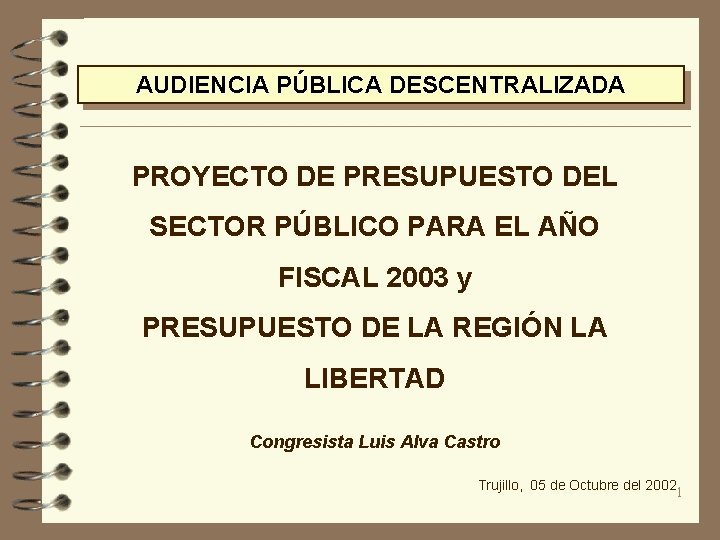AUDIENCIA PÚBLICA DESCENTRALIZADA PROYECTO DE PRESUPUESTO DEL SECTOR PÚBLICO PARA EL AÑO FISCAL 2003