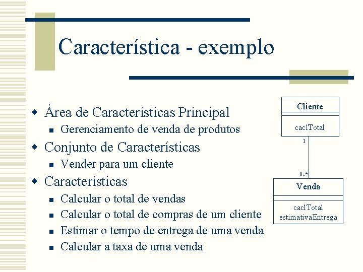 Característica - exemplo w Área de Características Principal n Gerenciamento de venda de produtos