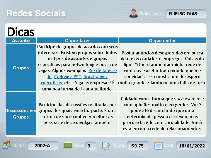 ELIELSO DIAS Dicas Assunto Grupos O que fazer O que evitar Participe de grupos