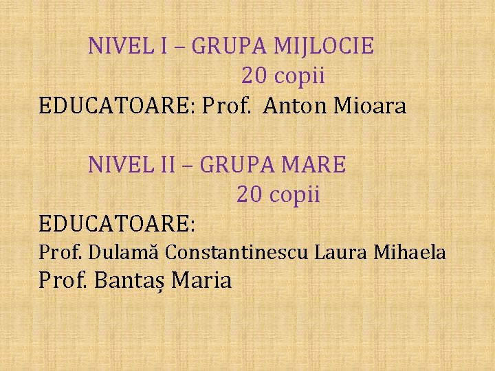 NIVEL I – GRUPA MIJLOCIE 20 copii EDUCATOARE: Prof. Anton Mioara NIVEL II –