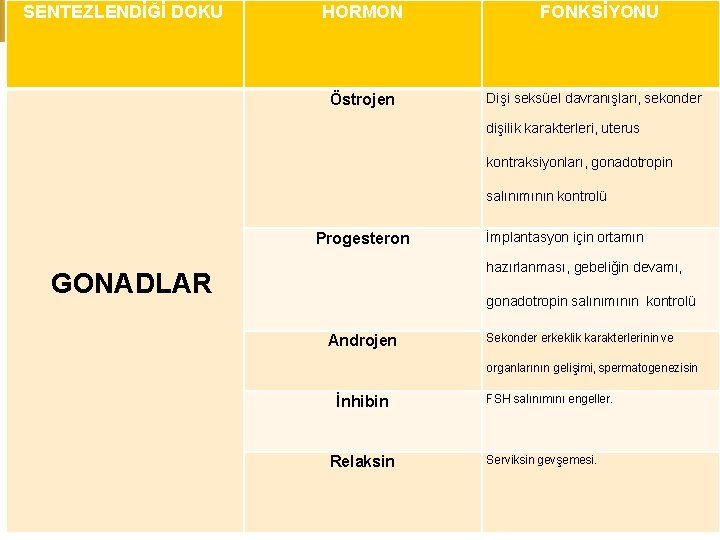 SENTEZLENDİĞİ DOKU HORMON Östrojen FONKSİYONU Dişi seksüel davranışları, sekonder dişilik karakterleri, uterus kontraksiyonları, gonadotropin