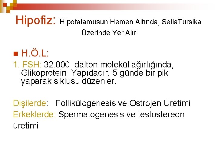 Hipofiz: Hipotalamusun Hemen Altında, Sella. Tursika Üzerinde Yer Alır H. Ö. L: 1. FSH: