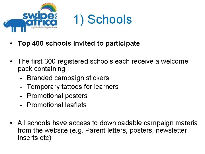 1) Schools • Top 400 schools invited to participate. • The first 300 registered