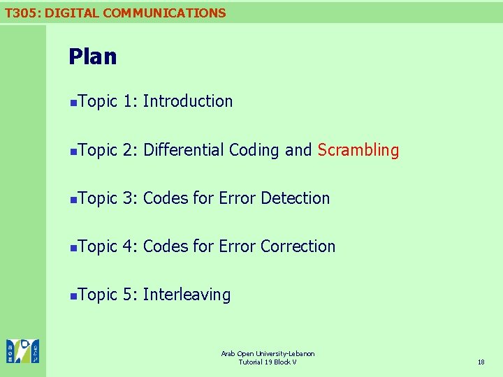 T 305: DIGITAL COMMUNICATIONS Plan n Topic 1: Introduction n Topic 2: Differential Coding