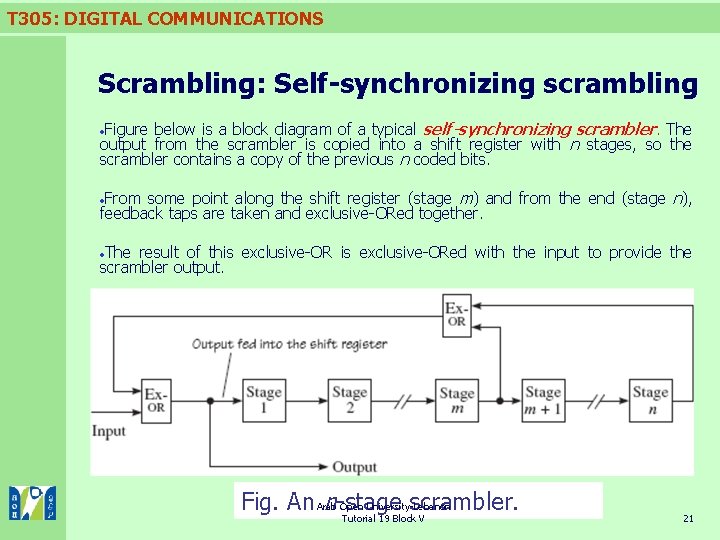 T 305: DIGITAL COMMUNICATIONS Scrambling: Self-synchronizing scrambling below is a block diagram of a