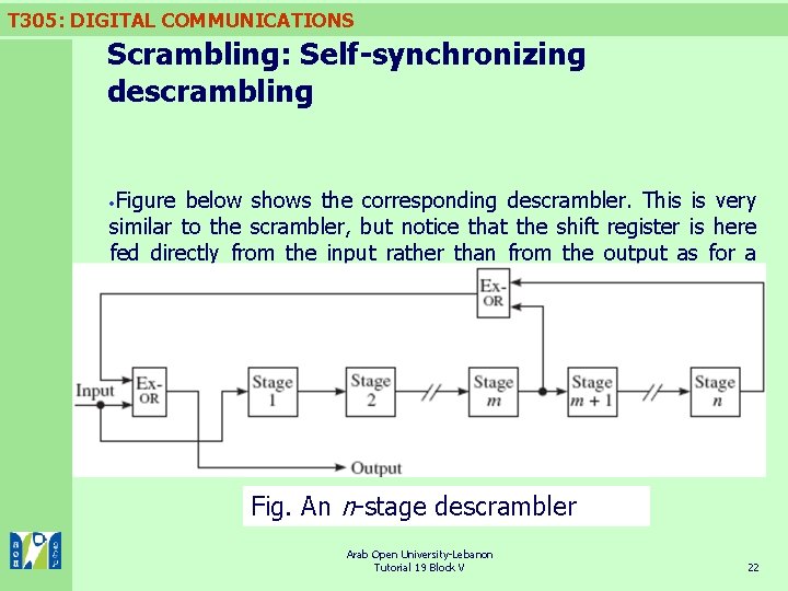 T 305: DIGITAL COMMUNICATIONS Scrambling: Self-synchronizing descrambling Figure below shows the corresponding descrambler. This