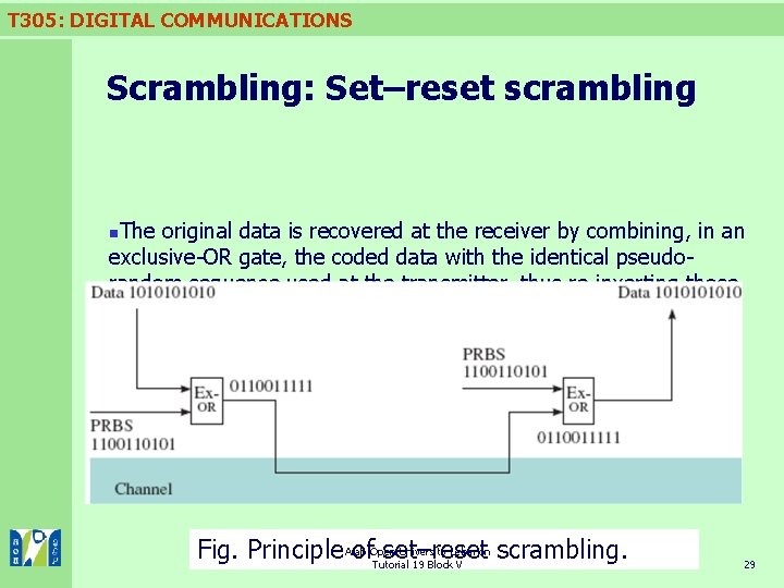 T 305: DIGITAL COMMUNICATIONS Scrambling: Set–reset scrambling The original data is recovered at the