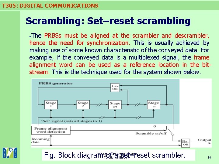 T 305: DIGITAL COMMUNICATIONS Scrambling: Set–reset scrambling The PRBSs must be aligned at the