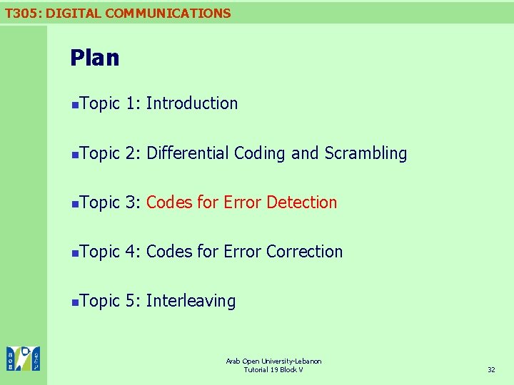 T 305: DIGITAL COMMUNICATIONS Plan n Topic 1: Introduction n Topic 2: Differential Coding