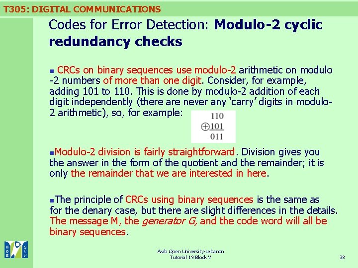 T 305: DIGITAL COMMUNICATIONS Codes for Error Detection: Modulo-2 cyclic redundancy checks CRCs on