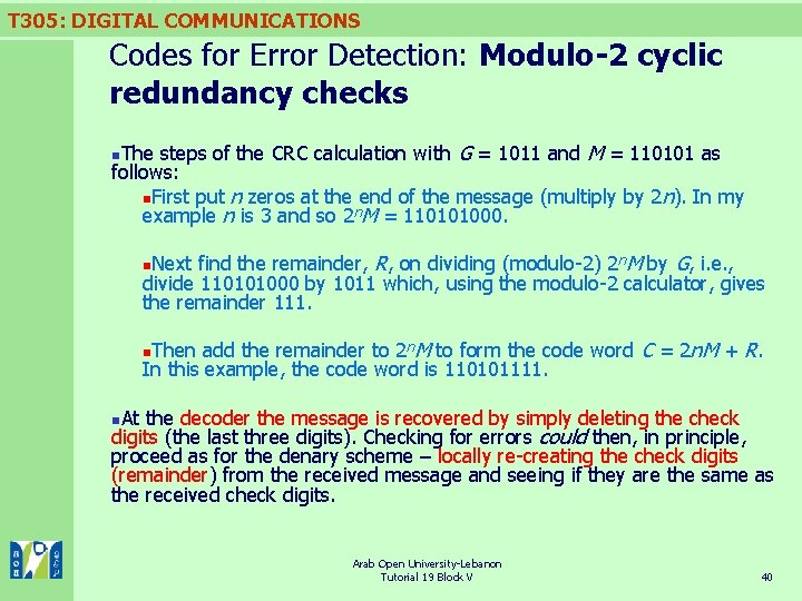 T 305: DIGITAL COMMUNICATIONS Codes for Error Detection: Modulo-2 cyclic redundancy checks steps of