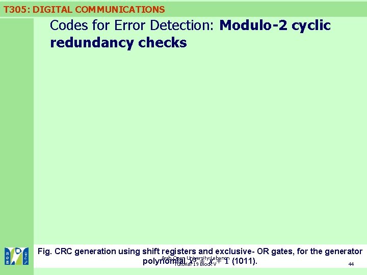 T 305: DIGITAL COMMUNICATIONS Codes for Error Detection: Modulo-2 cyclic redundancy checks Fig. CRC