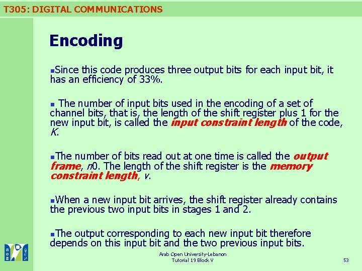 T 305: DIGITAL COMMUNICATIONS Encoding Since this code produces three output bits for each