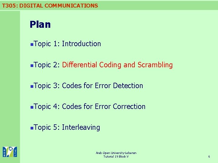 T 305: DIGITAL COMMUNICATIONS Plan n Topic 1: Introduction n Topic 2: Differential Coding