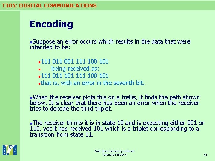 T 305: DIGITAL COMMUNICATIONS Encoding Suppose an error occurs which results in the data