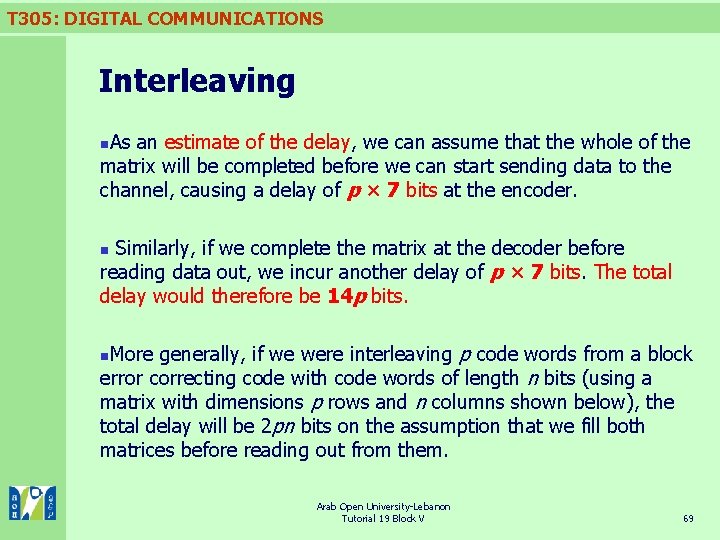 T 305: DIGITAL COMMUNICATIONS Interleaving As an estimate of the delay, we can assume