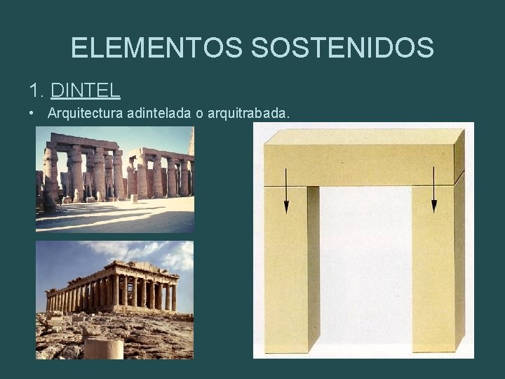 ELEMENTOS SOSTENIDOS 1. DINTEL • Arquitectura adintelada o arquitrabada. 