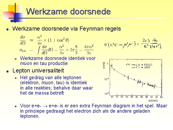 Werkzame doorsnede via Feynman regels Werkzame doorsnede identiek voor muon en tau productie Lepton