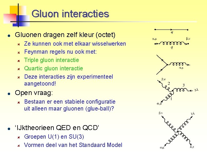 Gluon interacties Gluonen dragen zelf kleur (octet) Ze kunnen ook met elkaar wisselwerken Feynman