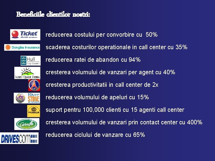 Beneficiile clientilor nostri: reducerea costului per convorbire cu 50% scaderea costurilor operationale in call