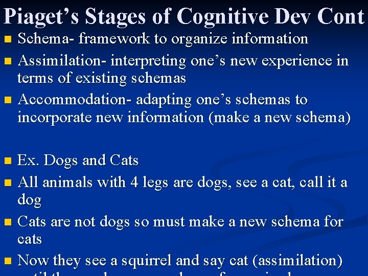Piaget’s Stages of Cognitive Dev Cont Schema- framework to organize information n Assimilation- interpreting