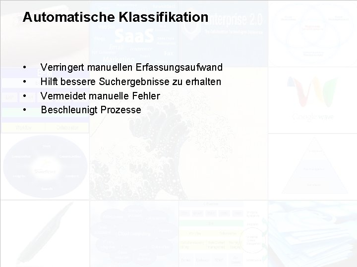 Automatische Klassifikation • • Verringert manuellen Erfassungsaufwand Hilft bessere Suchergebnisse zu erhalten Vermeidet manuelle