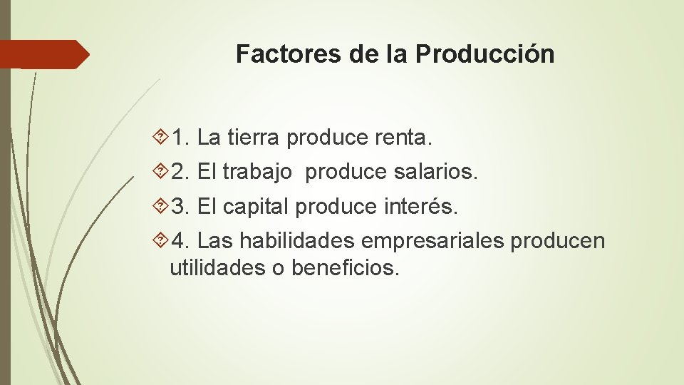 Factores de la Producción 1. La tierra produce renta. 2. El trabajo produce salarios.