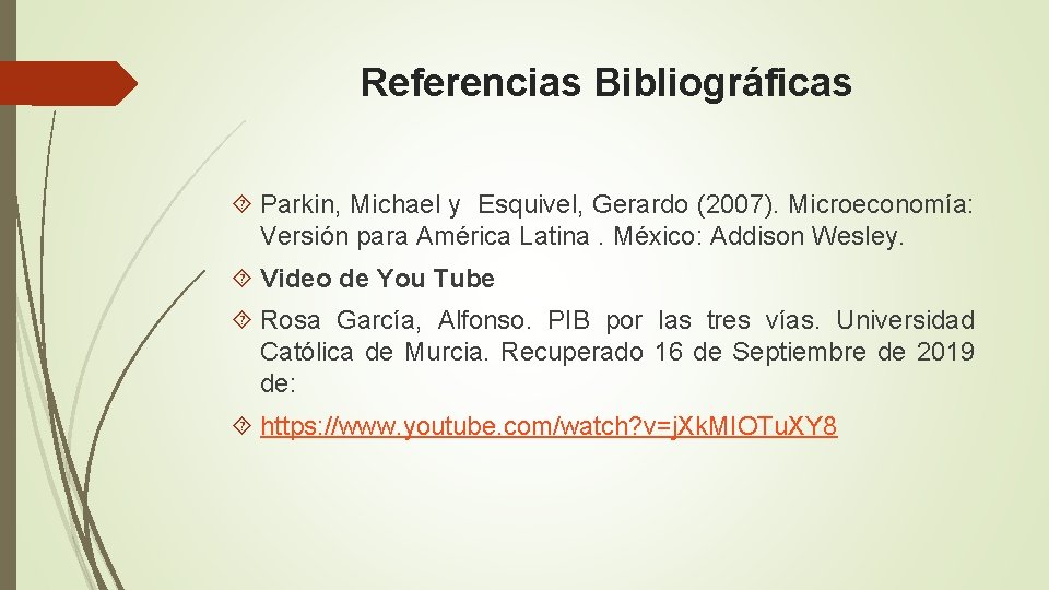 Referencias Bibliográficas Parkin, Michael y Esquivel, Gerardo (2007). Microeconomía: Versión para América Latina. México: