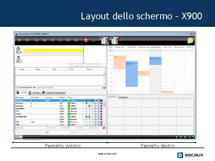 Layout dello schermo – X 900 Pannello destro Pannello sinistro www. escaux. com 