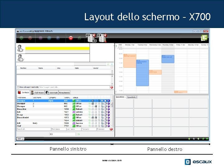 Layout dello schermo – X 700 Pannello sinistro Pannello destro www. escaux. com 