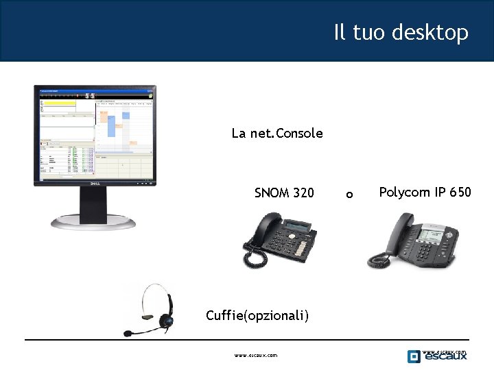 Il tuo desktop La net. Console SNOM 320 o Polycom IP 650 Cuffie(opzionali) www.