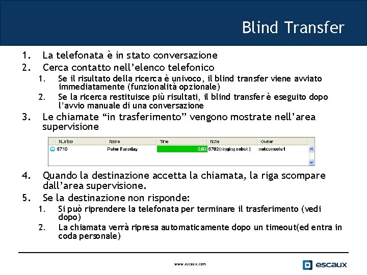 Blind Transfer 1. 2. La telefonata è in stato conversazione Cerca contatto nell’elenco telefonico