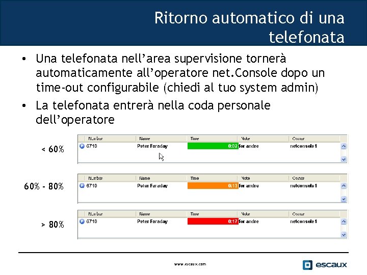 Ritorno automatico di una telefonata • Una telefonata nell’area supervisione tornerà automaticamente all’operatore net.