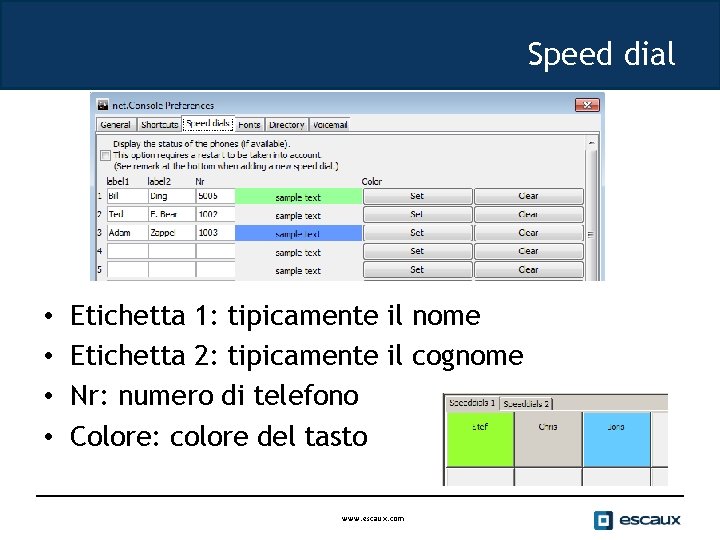 Speed dial • • Etichetta 1: tipicamente il nome Etichetta 2: tipicamente il cognome