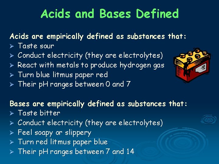 Acids and Bases Defined Acids are empirically defined as substances that: Ø Taste sour