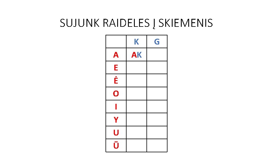 SUJUNK RAIDELES Į SKIEMENIS A E Ė O I Y U Ū K AK