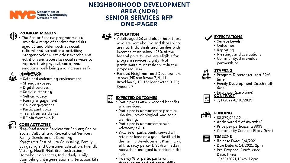 NEIGHBORHOOD DEVELOPMENT AREA (NDA) SENIOR SERVICES RFP ONE-PAGER PROGRAM MISSION • The Senior Services