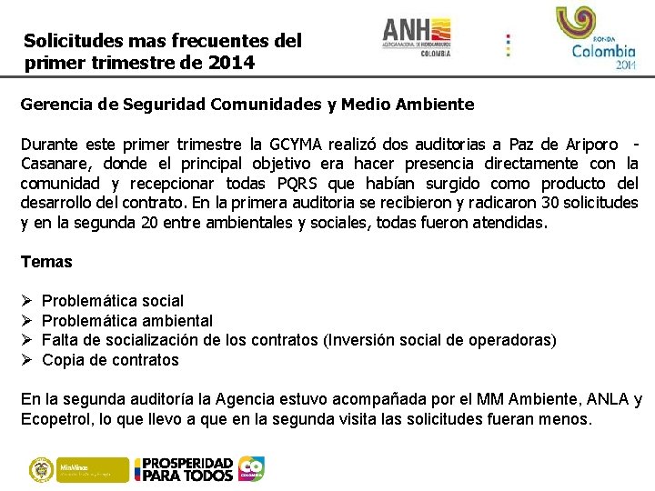 Solicitudes mas frecuentes del primer trimestre de 2014 Gerencia de Seguridad Comunidades y Medio