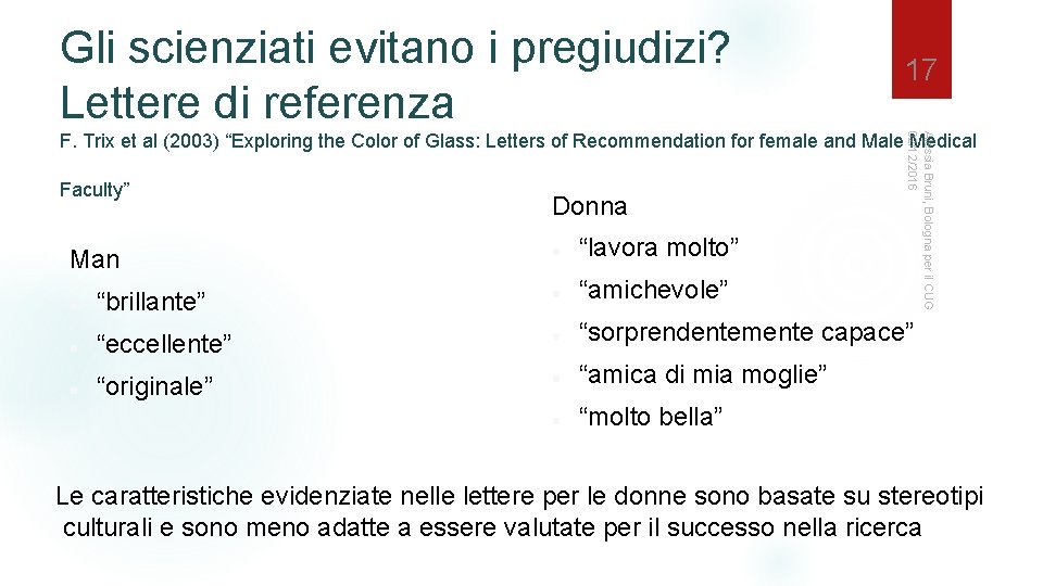 Gli scienziati evitano i pregiudizi? Lettere di referenza 17 Faculty” Man Donna “lavora molto”