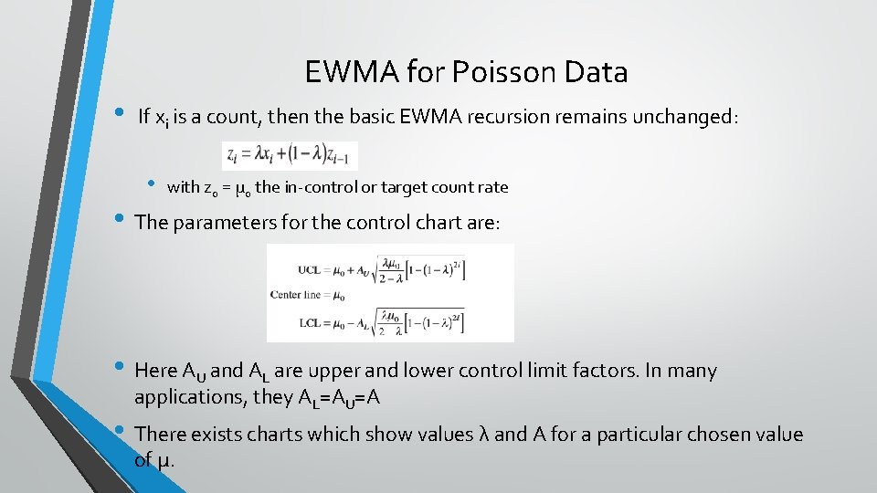 EWMA for Poisson Data • If xi is a count, then the basic EWMA EWMA for Poisson Data • If xi is a count, then the basic EWMA