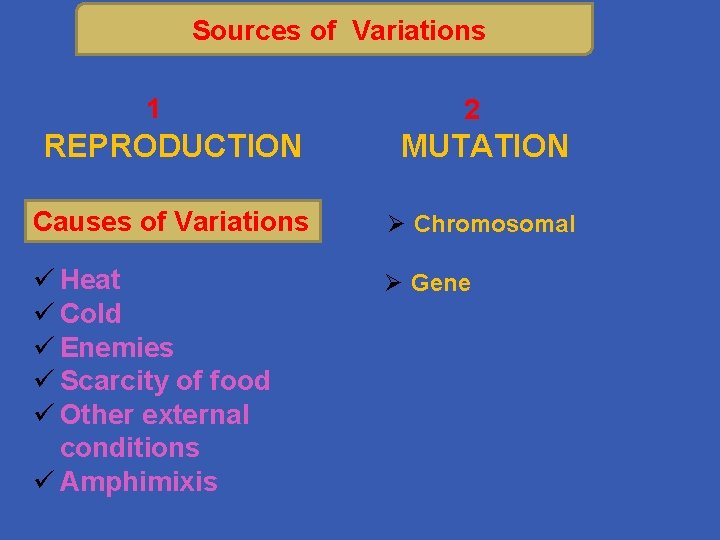 Sources of Variations 1 2 REPRODUCTION MUTATION Causes of Variations Ø Chromosomal ü Heat