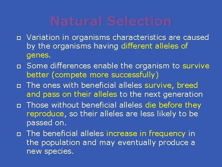 Natural Selection Variation in organisms characteristics are caused by the organisms having different alleles