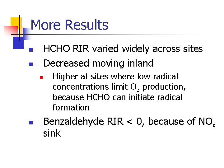 More Results HCHO RIR varied widely across sites Decreased moving inland n n Higher