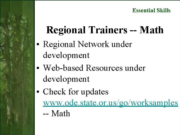 Essential Skills Regional Trainers -- Math • Regional Network under development • Web-based Resources