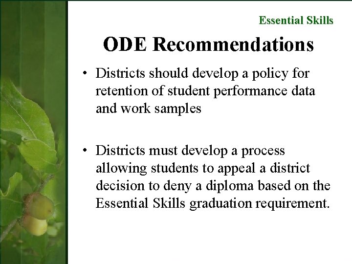 Essential Skills ODE Recommendations • Districts should develop a policy for retention of student