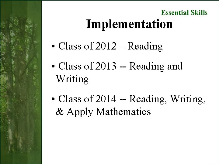Essential Skills Implementation • Class of 2012 – Reading • Class of 2013 --