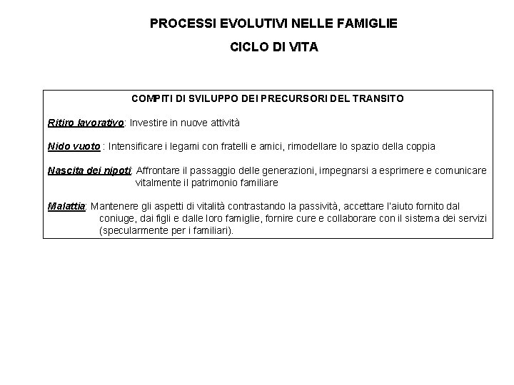 PROCESSI EVOLUTIVI NELLE FAMIGLIE CICLO DI VITA COMPITI DI SVILUPPO DEI PRECURSORI DEL TRANSITO